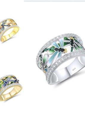 NWT-925 Sterling Silver Dragonfly Openwork CZ Enamel Flower Vintage Ring